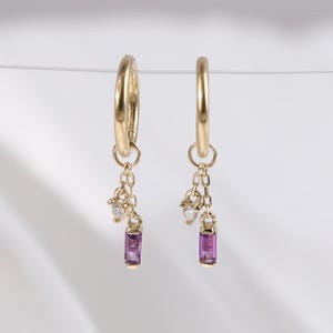 14K Solid Gold Amethyst Dangle Piercing Charm, 14K Moissanite Dangle Rook Ring Piercing, Helix Cartilage Diamond Hoop Huggie Barbell Charm