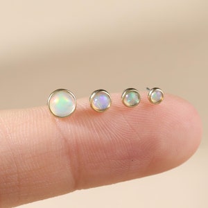 14K Solid Gold Tiny Opal Threadless Push Pin Stud, Round Gemstone Labret Cartilage Helix Earring, Earlobe Tragus Flat Back Stacking Piercing
