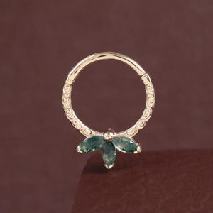 14K Solid Gold Moss Agate Lucky Clover Daith Clicker, Flower Scroll Pattern Septum Nose Ring, Caartilage Helix Lobe Conch Piercing Jewelry