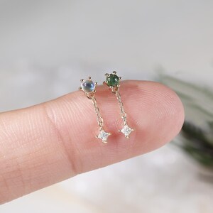 14K Solid Gold Dangle Moss Agate with Moissanite Helix Flat Back Earring, Dainty Moonstone with Moissanite Cartilage Chain Earlobe Push Back