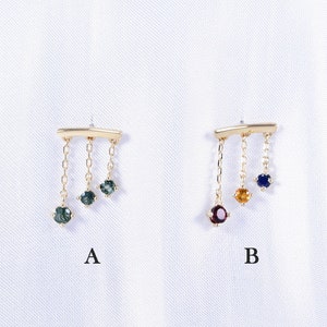14K Solid Gold Dangle Moss Agate Chain Vertical Helix Cartilage Stud, Sapphire with Citrine Multi-Gem Hidden Helix Flat Back Jewelry