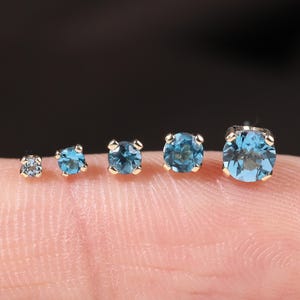 London Blue Topaz Solid 14K Gold Stud: Gemstone Threadless Pin Flat Back Handcrafted Piercing