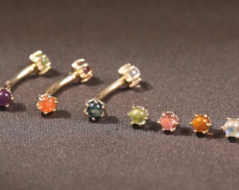 Pendiente de oro macizo de 14 quilates con ágata musgosa y citrino, peridoto personalizado con rosca interna, barra curva hecha a medida, anillo para ceja con piedra de nacimiento