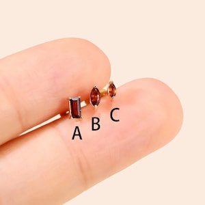 14K Solid Gold Tiny Garnet Baguette Cartilage Flat Back Labret Marquise Helix Stud Threadless Pin Tragus Nose Earlobe Flat Back Earring