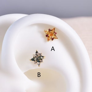 14K Solid Gold Moss Agate Flower Shape Stud Earring Threadless Push Pin Stud Cartilage Citrine Earring Helix Conch Stud Flat Back Piercing