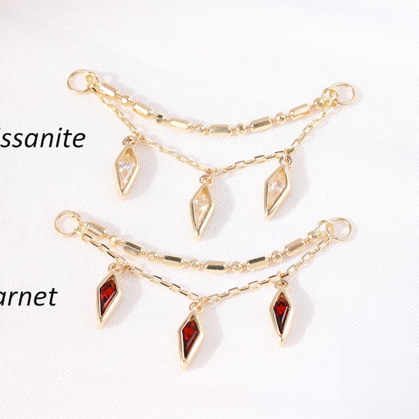 14K Solid Gold Kite Cut Moissanite Long Bead Ball Chain, Garnet Helix Cartilage Chain Attachment, Gem Double Layer Piercing Chain Connector