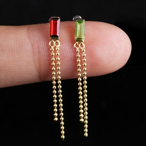 14K Solid Gold Garnet Dangle Chain Earring, Baguette Peridot Long Bead Chain Piercing, Gemstone Cartilage Helix Conch Flat Back Stud