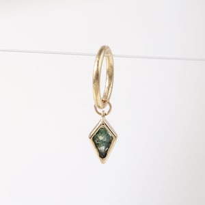 14K Solid Gold Kite Moss Agate Hanging Charm, Gold Moss Agate Conch Ring Piercing Charm, Cartilage Helix Hoop Clicker Huggie Ear Charm