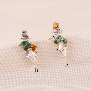 14K Solid Gold Ear Climbers, Moss agate Cartilage Piercing, Citrine Helix Stud, Conch Earring, Threadless Push In Labret, Flat Back Earring