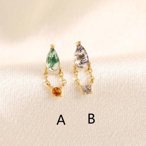 14K Solid Gold Pear Moss Agate with Citrine Dangle Chain Earring, Gold Black Hair Quartz Cartilage Helix Earlobe Tragus Flat Back Piercing