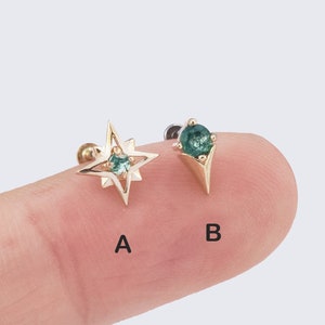 14K Solid Gold Spike Stud Earrings Moss Agate Star Stud Dainty Helix Conch Earring Tragus 20g