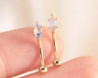 14K Solid Gold Moonstone Marquise Rook Ring, Swiss Blue Topaz Rook Jewelry Eyebrow Earring Tiny Marquise Curved Barbell Rook Piercing 16G