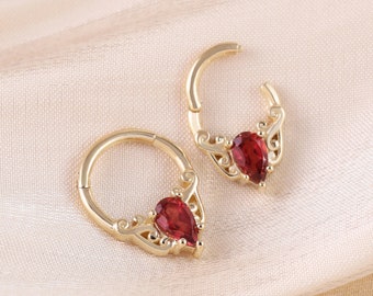 14K Solid Gold Royal Garnet Daith Hoop Earring Ring Nose Ring Septum Hoop Seamless Clicker Cartilage Earring Conch Earring Helix Earring 16G