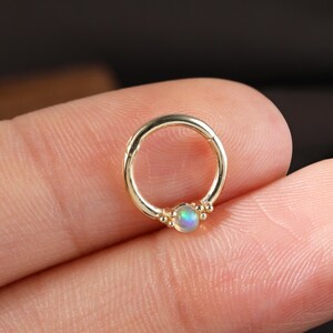 14K Solid Gold Opal Daith Seamless Hoop Earring, Gold Septum Cartilage Rook Ring Piercing, Conch Nostril Cartilage Helix Huggie Clicker 16G