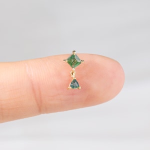 14K Solid Gold Dangle Moss Agate Earring, Gold Dainty Dangle Earlobe Conch Tragus Cartilage Helix Threadless Pin, Daith Flat Back Piercing