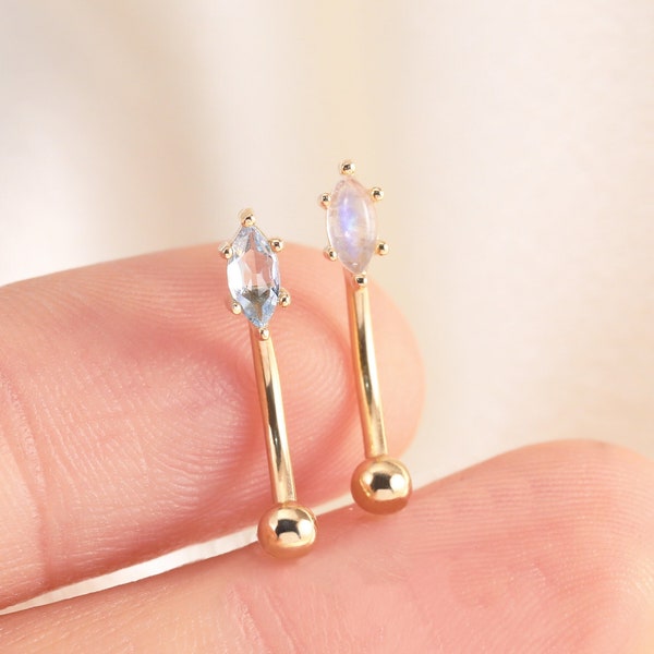 14K Solid Gold Moonstone Marquise Rook Swiss Blue Topaz Piercing Jewelry Eyebrow Earring Tiny Marquise Curved Barbell Rook Piercing  16g