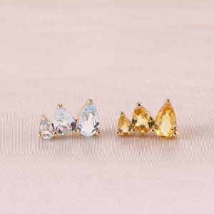 14K Solid Gold Blue Topaz Ear Climbers, Citrine Cartilage Piercing, Natural Gemstone Threadless End, Gold Helix Stud, Flat Back Earring