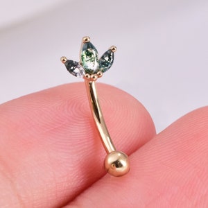 14K Solid Gold Moss Agate Rook Eyebrow Earring 3 Marquise Flower Curved Barbell Rook Piercing Fan Shape Crown Rook Piercing Piercing Jewelry