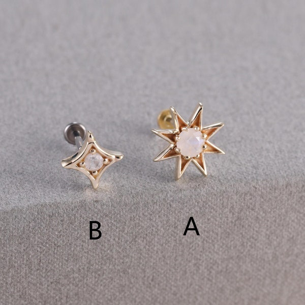 14K Solid Gold Sunburst Moonstone Cartilage Earring North Star Moonstone Stud Earring Cartilage Piercing Gold Helix Stud Flat Back Earring