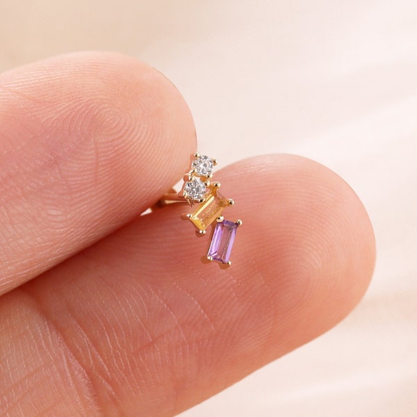 14K Solid Gold Citrine And Amethyst Baguette Cut Ear Climber Citrine Cartilage Earring Amethyst Baguette Helix Stud Amethyst Conch Piercing