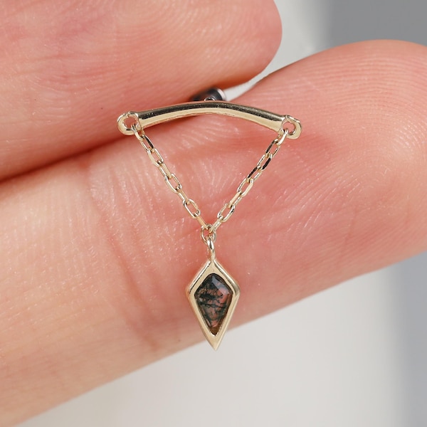 14K Solid Gold Kite Shape Moss Agate Dangle Chain Piercing, Green Gemstone Hidden Helix Earring, Cartilage Conch Lobe Tragus Stud Jewelry