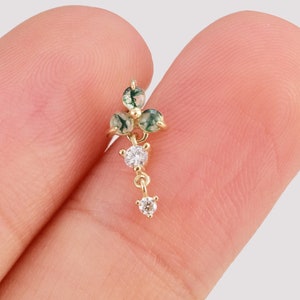 Orecchino a bottone in oro massiccio 14K con tre piccole sfere di agata muschiata e moissanite, catena singola con orecchino a bottone in moissanite, orecchino con retro piatto, 20 g