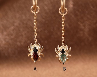 14K Solid Gold Dangle Spider Moss Agate Charm, Garnet Spider Charm, Rook Hoop Charm, Belly Ring Charm, Gold Clicker Charm, Huggie Hoop Charm