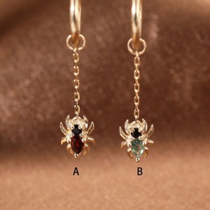 14K Solid Gold Dangle Spider Moss Agate Charm, Garnet Spider Charm, Rook Hoop Charm, Belly Ring Charm, Gold Clicker Charm, Huggie Hoop Charm