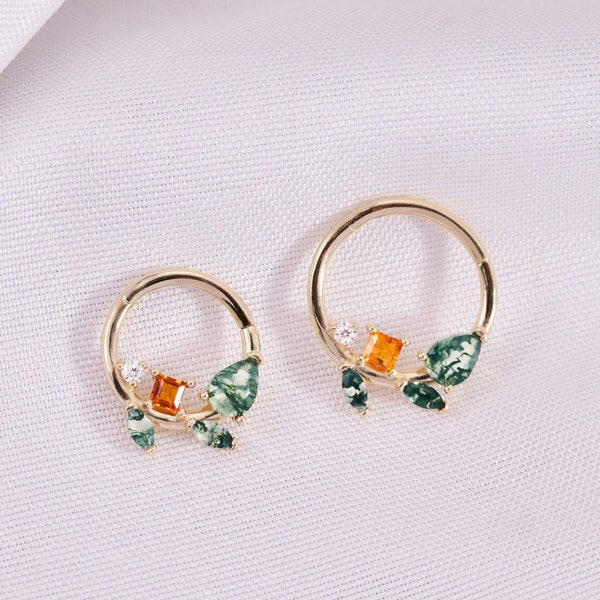 14K Gold Moss Agate Conch Earring Citrine Leaf Daith Hoop Earring Hinged Segment Ring Nose Ring Seamless Clicker Cartilage Earring 16G