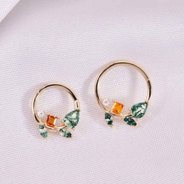 14K Solid Gold Moss Agate Conch Earring Citrine Leaf Daith Hoop Earring Hinged Segment Ring Nose Ring Seamless Clicker Cartilage Earring 16G