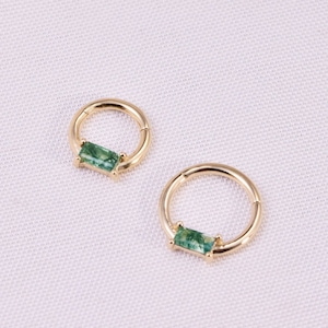 14K Solid Gold Baguette Moss Agate Septum Ring Conch Hoop Earring Daith Rook Ring Seamless Clicker Cartilage Earring Helix Huggie 16g