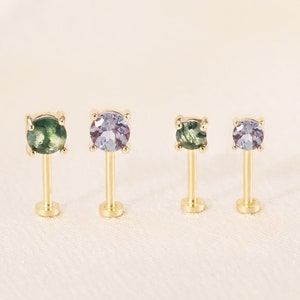 14K Solid Gold Moss Agate Forward Facing Threadless Stud, Alexandrite Front Facing End, Gemstone Push-In Earring, Push Pin Flat Back Earring