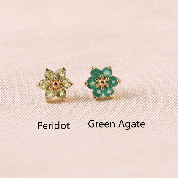 14K Solid Gold Peridot Flower Cartilage Earring Green Agate Flower Cartilage Piercing Gold Threadless Stud Gold Helix Stud Flat Back Earring