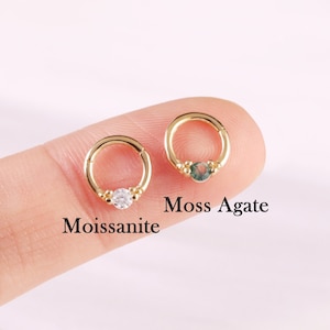 14K Solid Gold Moss Agate Daith Hoop, Moissanite Hoop Clicker, Gold Nose Ring, Septum Hoop, Seamless Clicker, Cartilage Hoop, Rook Piercing