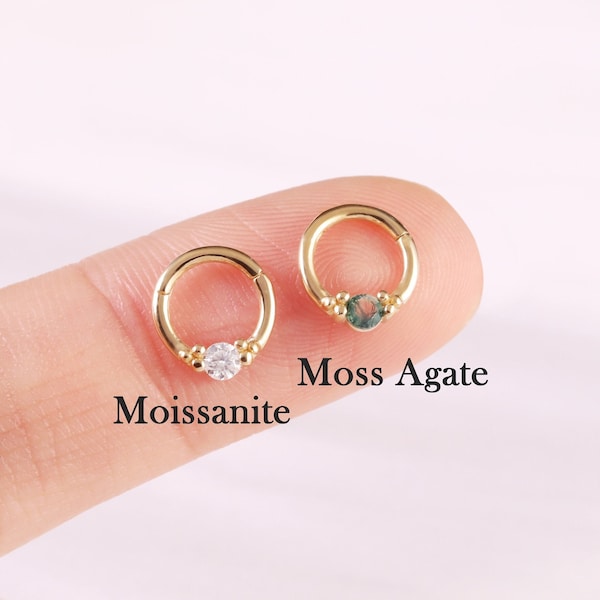 14K Solid Gold Moosachat Daith Hoop, Moissanite Hoop Cliker, Gold Nostril Ring, Septum Hoop, Nahtlose Clicker, Knorpel Hoop, Turmohrring