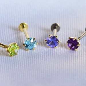 14K Solid Gold Ametyst Tanzanite Peridot Threadless Push Pin Stud Natural Blue Zircon Cartilage Helix Tragus Lobe Flat Back Earring 20g