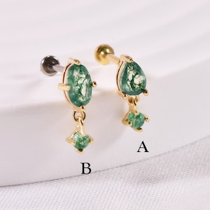 14K Solid Gold Oval Shape Moss Agate Dangle Stud Pear Moss Agate Earring Helix Conch Stud Cartilage Earring Tragus Flat Back Earring