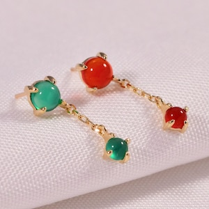 14K Solid Gold Tiny Red Chalcedony, Green Chalcedony Piercing, Gold Dangle Helix Theadless Piercing, Gemstone Counch Cartilage Push Pin Stud
