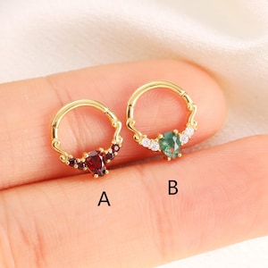 14K Solid Gold Moss Agate Teardrop Daith Hoop, Gold Nose Ring, Garnet Septum Hoop, Seamless Clicker, Cartilage Pear Hoop, 16g Rook Earring