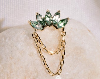 14K Solid Gold Fan Moss Agate Dangle Cartilage Earring, Dangle Double Chain Earring Helix Chain Stud Conch Tragus Earring Flat Back Earring