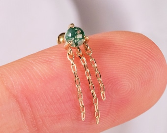 14K Solid Gold Dangle Triple Chain Moss Agate Cartilage Earring Helix Chain Stud Conch Stud Tragus Earring Dangle Chain Flat Back Earring