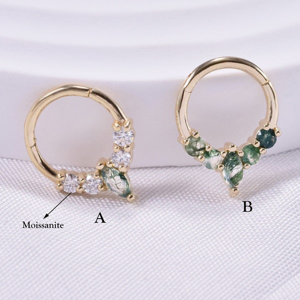14K Solid Gold Moss Agate Marquise Hinged Segment Ring Moissanite Daith Hoop Clicker Cartilage Hoop Earring Septum Clicker Nose Piercing 16g