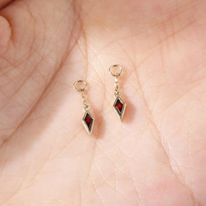 14K Solid Gold Dangle Red Garnet Charm, Kite Shaped Hoop Clicker Charm Earring, Rook Hoop, Belly Ring Piercing Charm, Gold Huggie Hoop Charm
