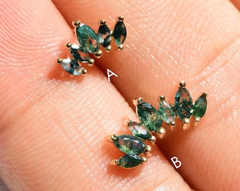 14K Solid Gold Fan Shape Moss Agate Stud, Threadless Push Pin Piercing, Natural Gemstone Flat Back Earring, Floral Jewelry By LeiTjewelry