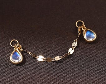 Pendiente colgante de oro macizo de 14 quilates con piedra lunar en forma de lágrima para labios, piercing de septum con piedra preciosa para nariz, pendiente colgante de cartílago, hélix, lóbulo o concha.