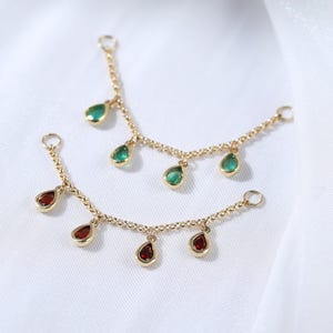 Accesorio de cadena Rolo de oro macizo de 14 quilates con granate en forma de pera, cadena de hélice de ágata verde, conector de cadena para piercing, cadena colgante con piedra color esmeralda