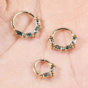 14K Solid Gold Baguette Moss Agate with Citrine Septum Nose Ring, Gold Daith Clicker, Hinged Segment Ring, Cartilage Huggie Hoop 16G
