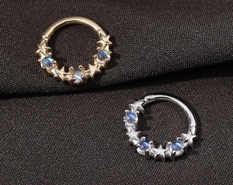 14K Solid Gold Moonstone Star Daith Septum Ring, Celestial Hinged Tragus Conch Clicker, Star Daith Helix Seamless Hoop Clicker Nose Ring 16G