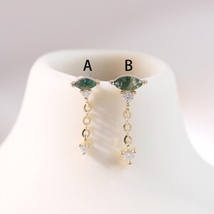 14k Solid Gold Moss Agate with Moissanite Dangle Earring, Helix Cartilage Hanging Chain Push Back, Diamond Conch Lobe Threadless Pin Stud