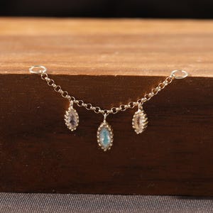 14K Solid Gold Marquise Labradorite Dangle Cartilage Industrial Stack Chain, Dainty Helix Conch Rook Tragus Nose Chain Earring Attachment